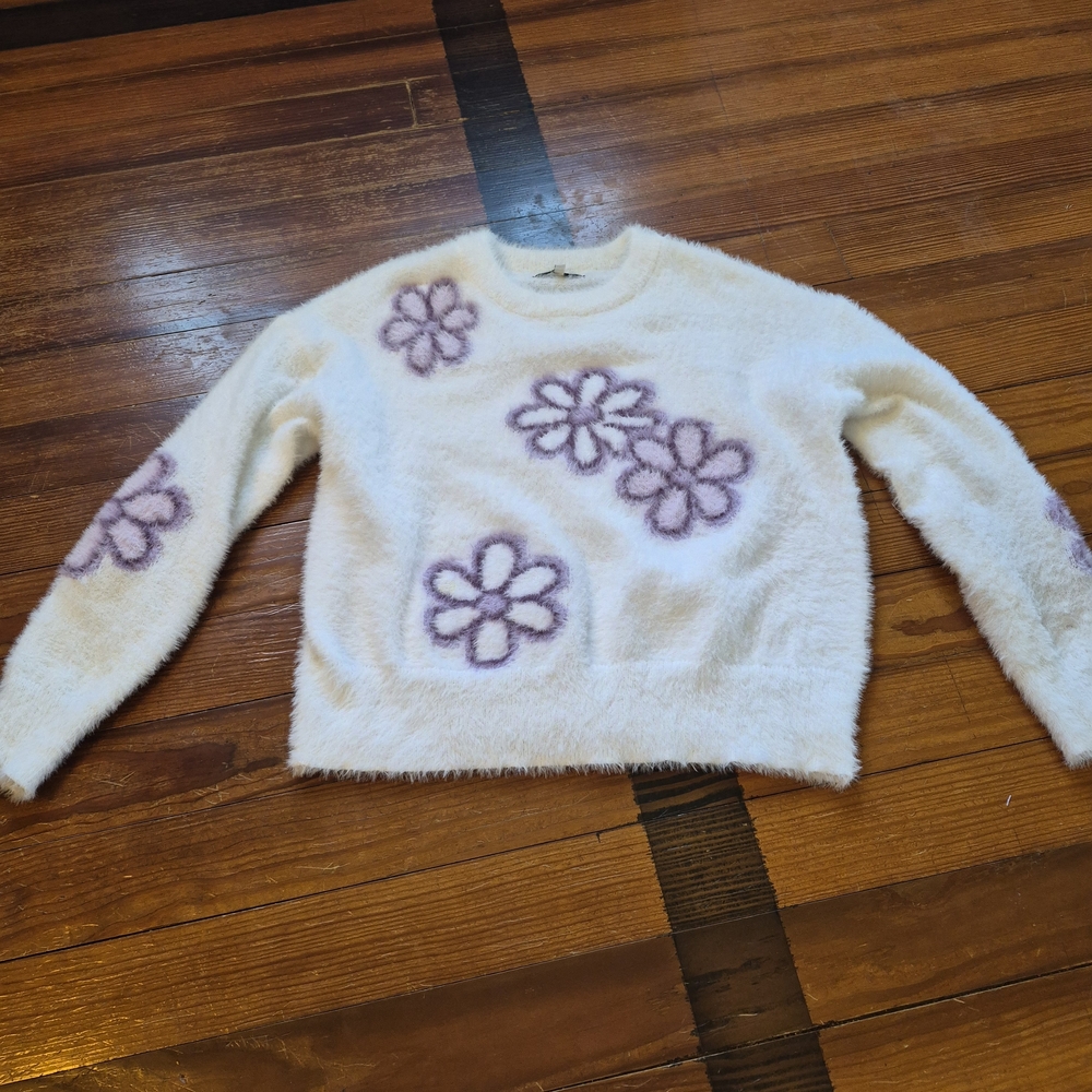 Hooked Up by IOT Cream Sweater with Purple Floral Design